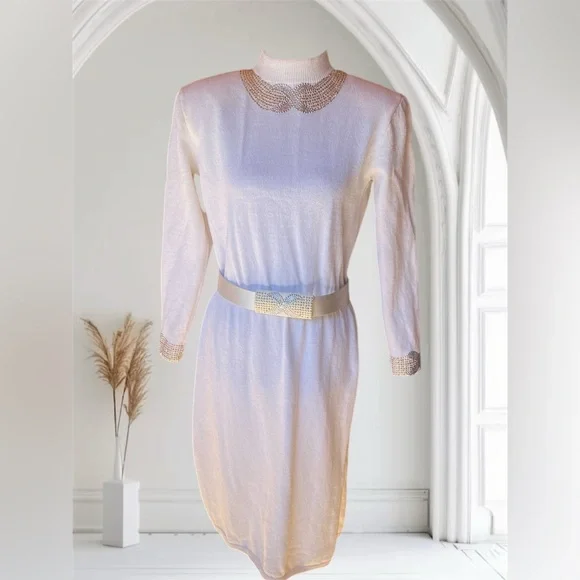 St. John | Dresses | St John Evening Knit Dress W Studded Gold Silver  Details Cream Size 6 8s | Poshmark